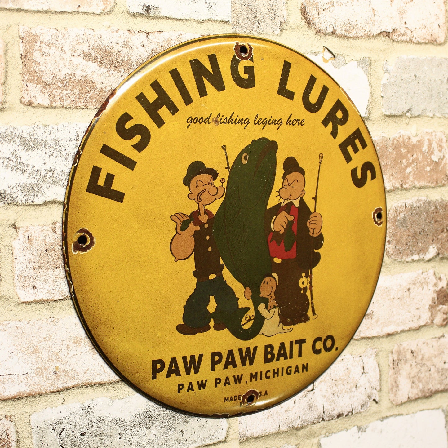 Fishing Lures Paw Paw Bait Co with Popeye Porcelain Enamel Sign (12in)