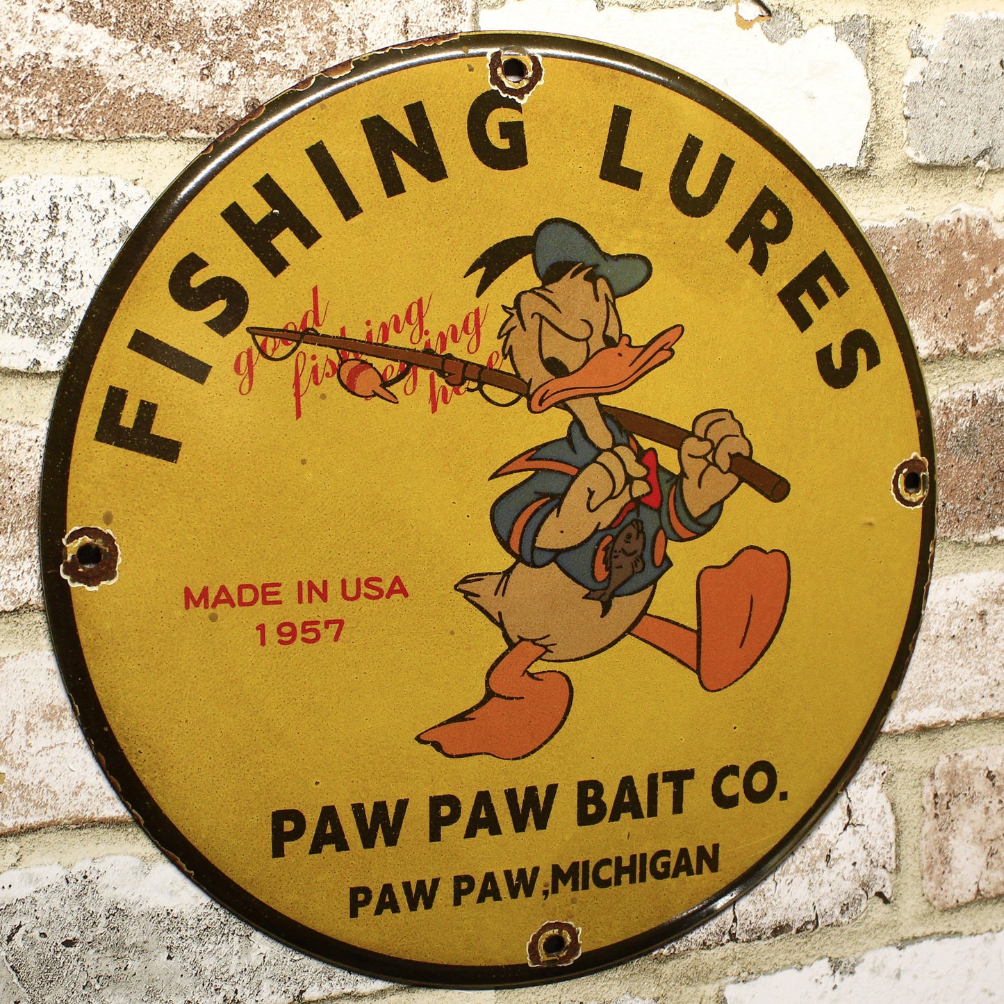 Donald Duck Fishing Lures Paw Paw Bait Co Porcelain Enamel Sign (12in)