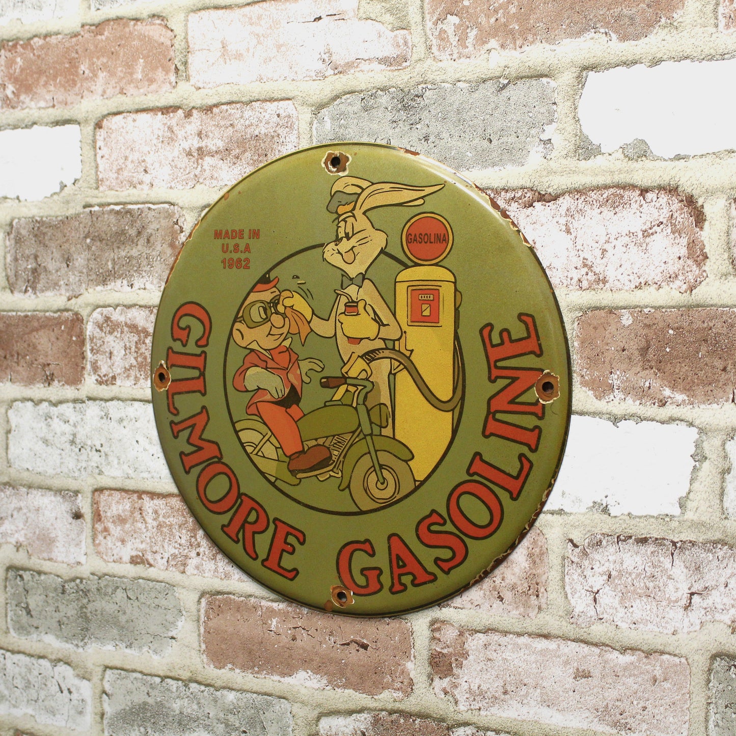 Gilmore Gasoline Bugs Bunny & Elmer Fudd Porcelain Enamel Sign (12in)