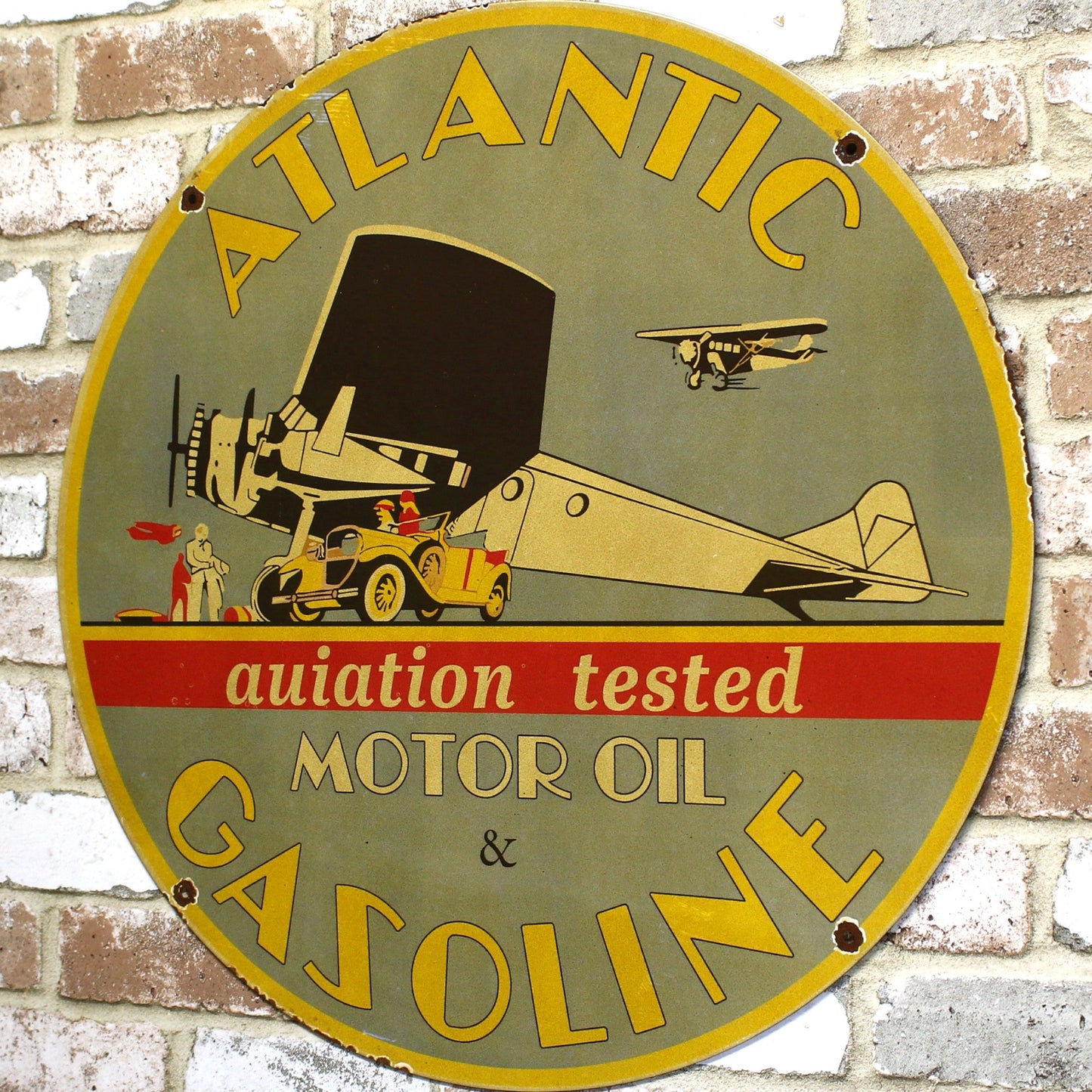 2Ft Atlantic Gasoline Aviation Motor Oil Porcelain Enamel Sign (24-Inch)