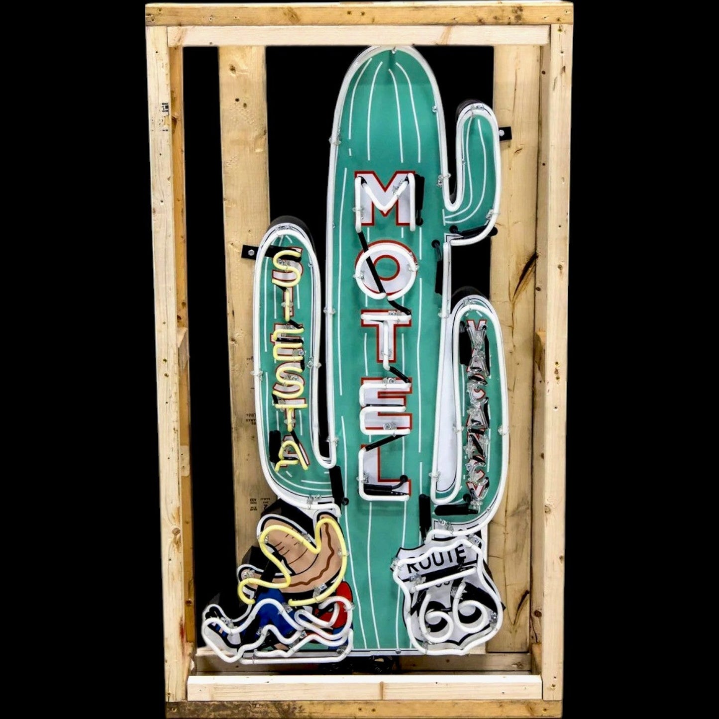 Route 66 Cactus Siesta Motel Neon Sign – Real Glass, Porcelain, Steel Can
