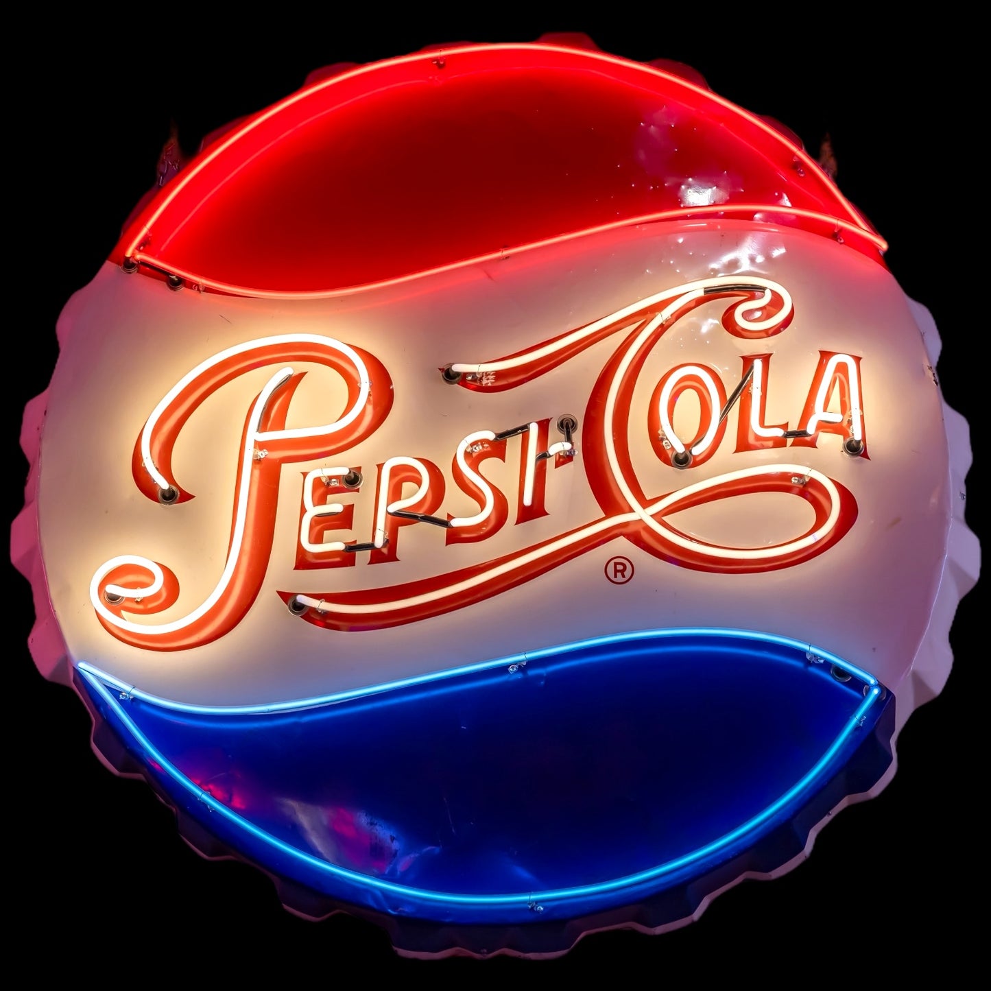 Pepsi-Cola Neon Bottle Cap Sign with Porcelain Enamel