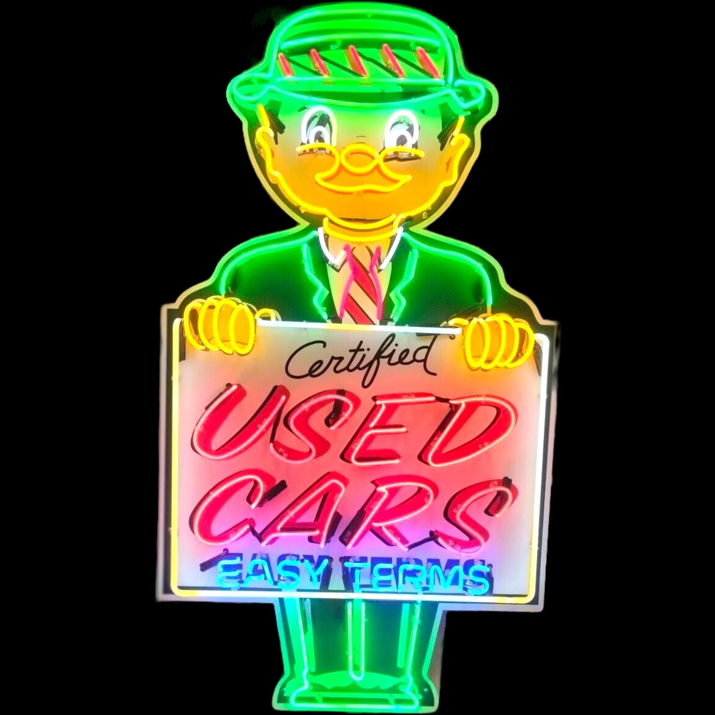 Easy Terms Real Neon Sign - Die Cut Used Car Salesman - Authentic Glass & Porcelain - Retro Automotive Advertising