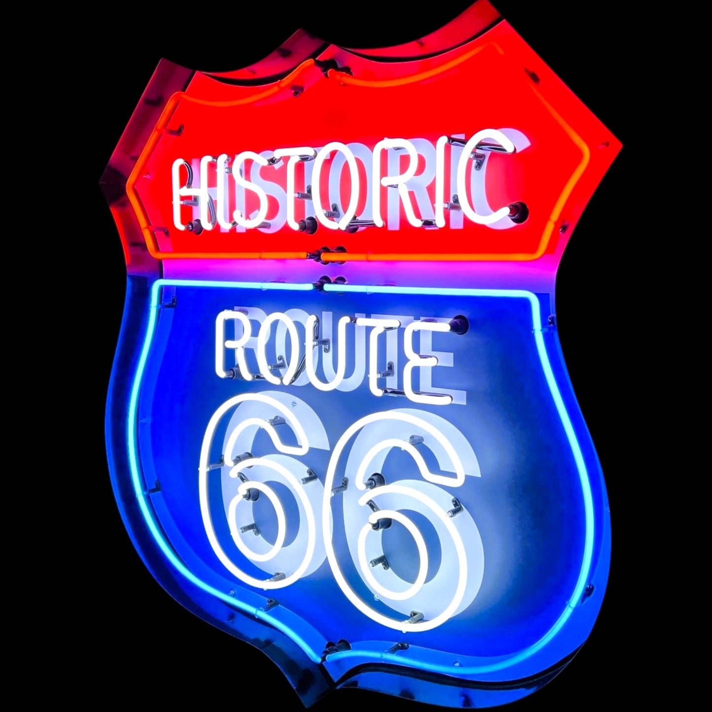 Historic Route 66 Neon Porcelain U.S. Highway Shield with Die Cut Steel Can