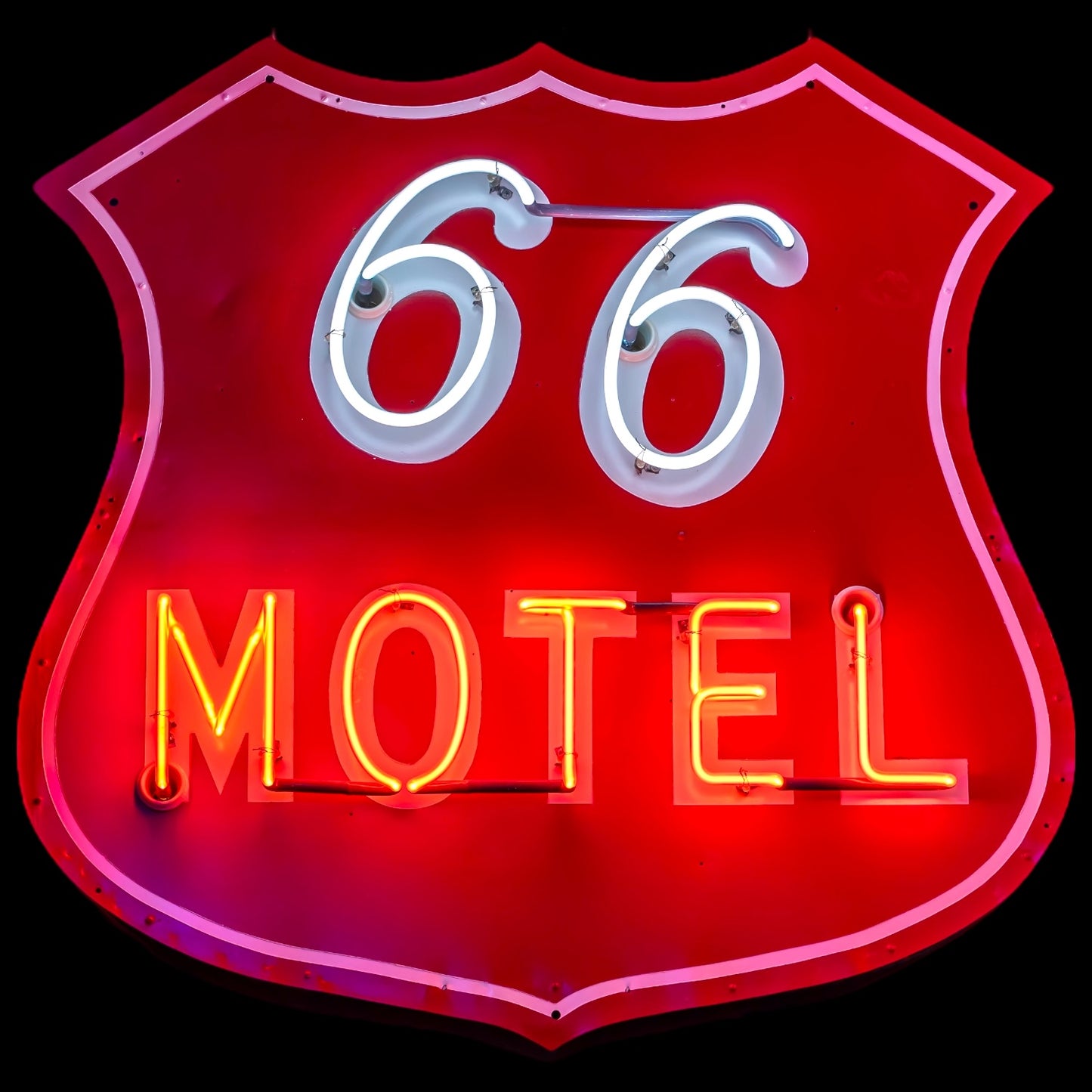 Old Route 66 Motel Neon Die Cut Shield Porcelain Enamel