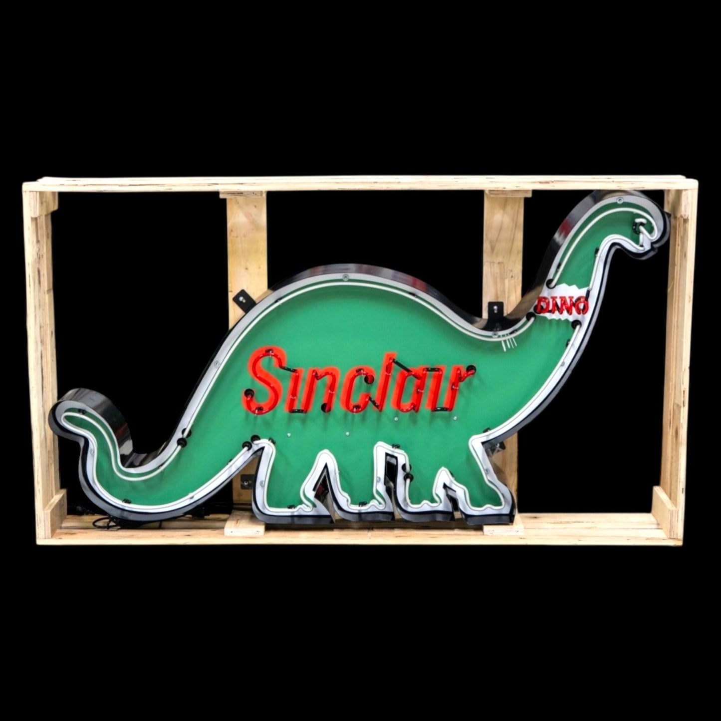 Vintage Sinclair Dino Real Neon Sign - Large Silhouette, Glass, Porcelain, Die Cut Steel Can