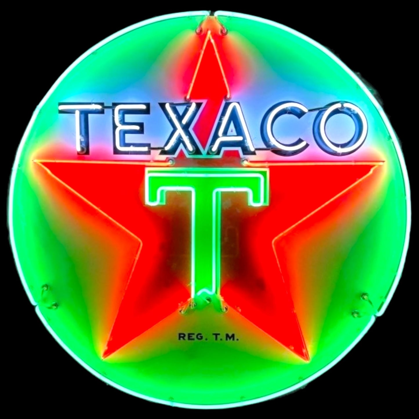 Texaco Gasoline Neon Sign with Porcelain & Steel Can - Large Texas Gas Station Round Light  24in - 48in