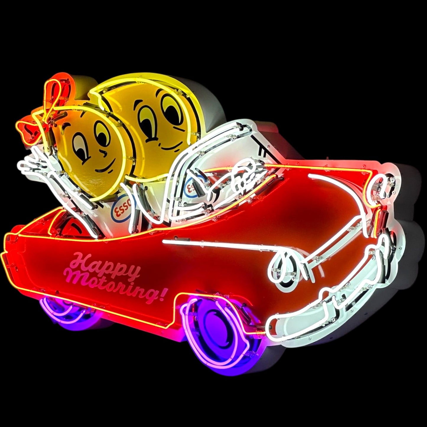 Esso Large Neon Sign - Die Cut Oil Drop Couple - Premium Glass & Porcelain with Can - Retro Gas Advertising