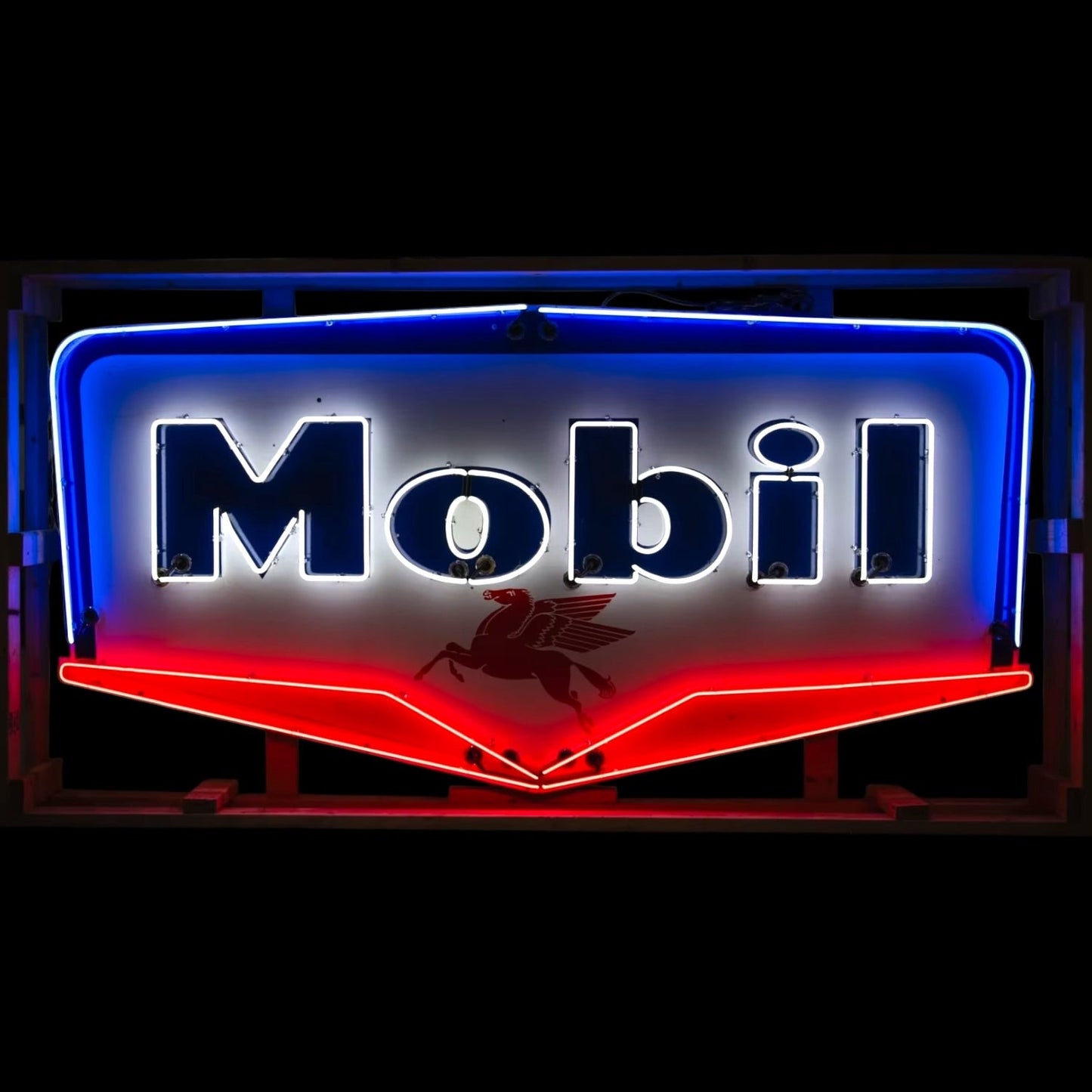 Mobil Real Neon Sign - Glass, Porcelain, Die Cut Chevron Can - Vintage Gas Station Lights Shield