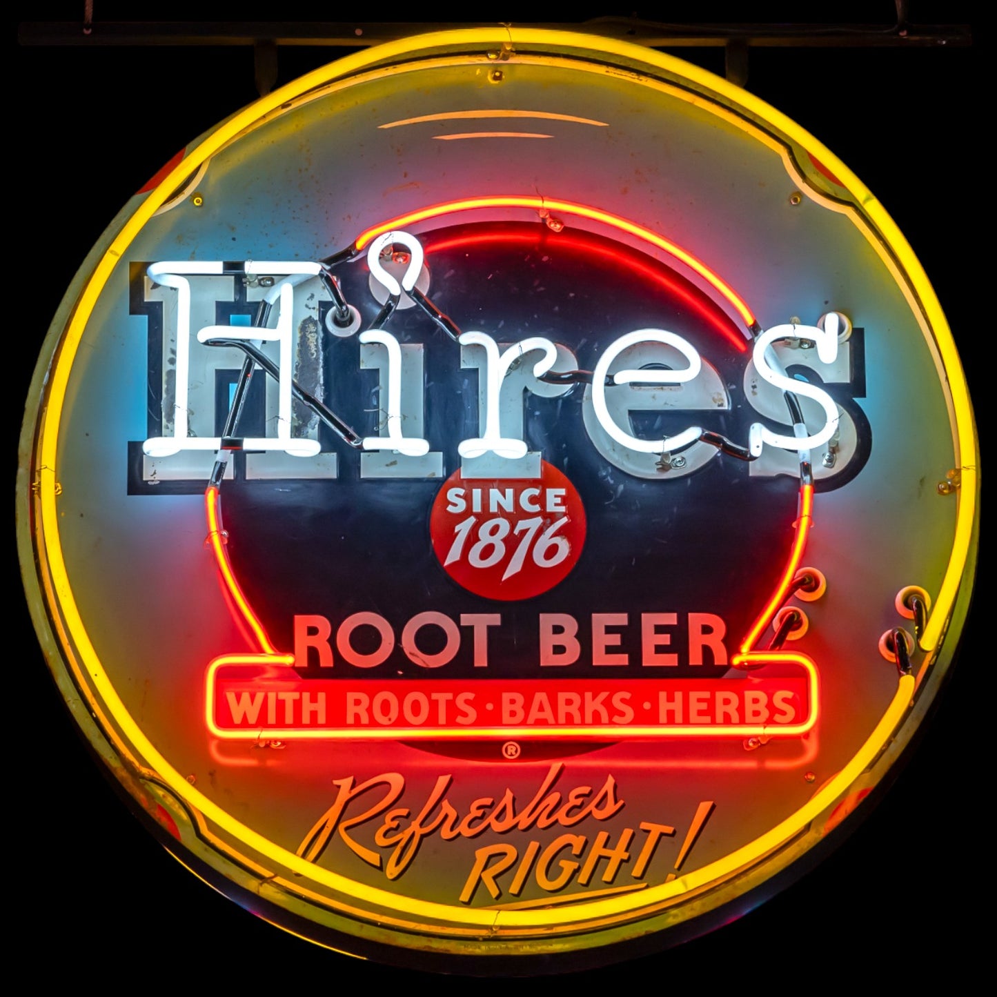Vintage Hires Root Beer Glass Neon Porcelain with Steel Can Reproduction