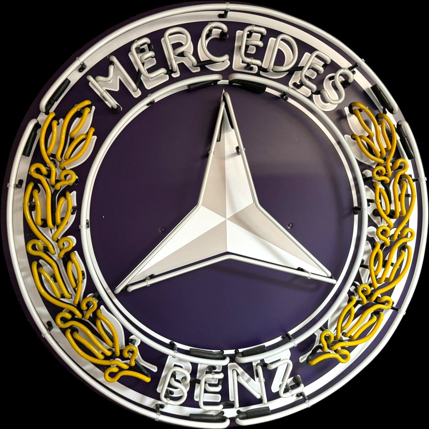 Wreath Emblem Mercedes Glass Neon Porcelain with Steel Can