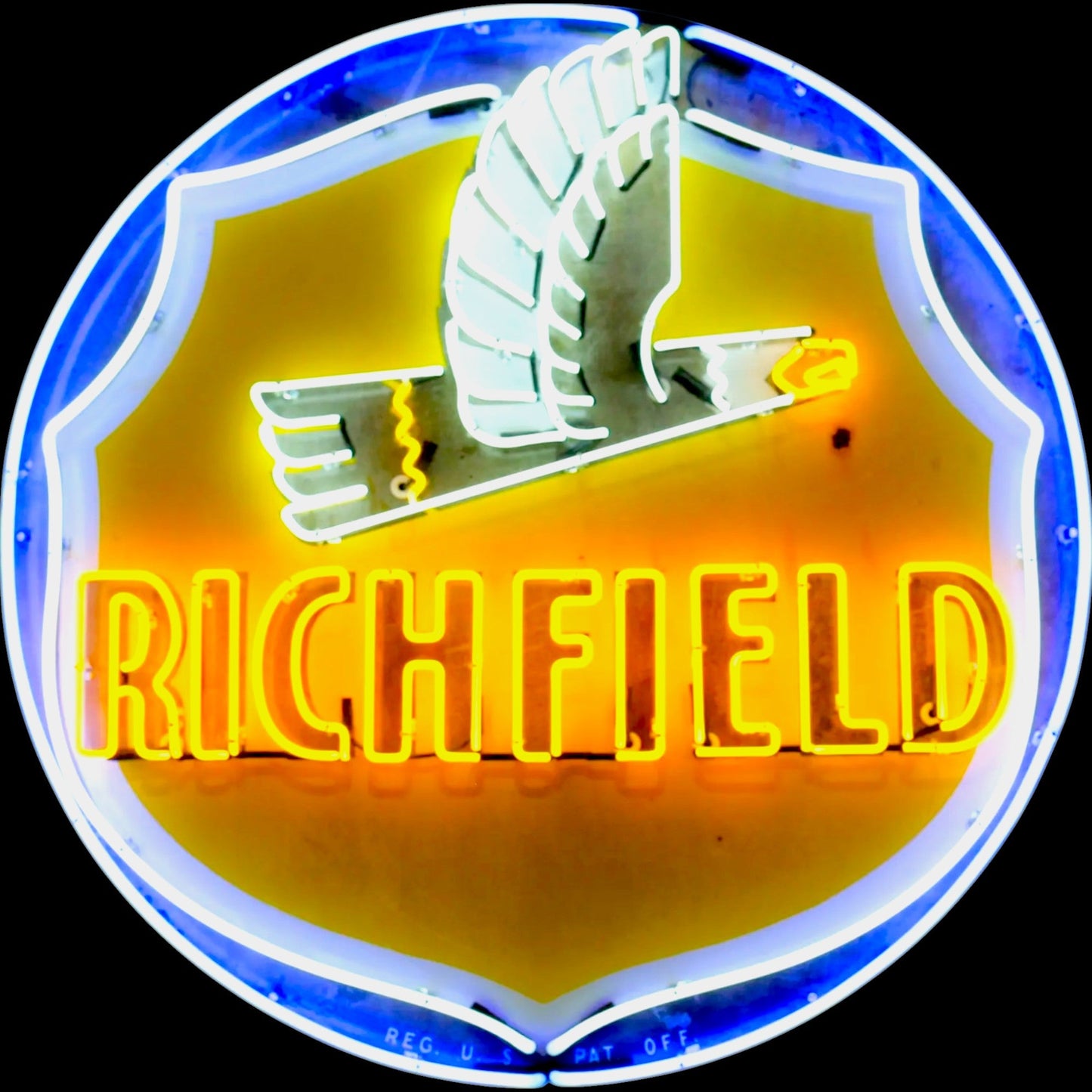 Richfield Gas Flying Bald Eagle Neon Porcelain Advertising Sign with Steel Can