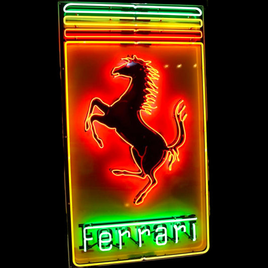 Big Ferrari Dealer Real Neon Sign - Glass & Porcelain with Can - Vintage Automotive Advertising