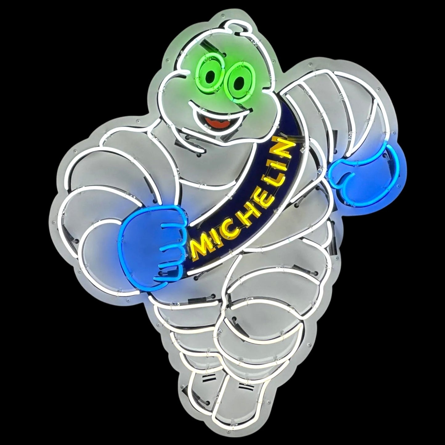 Die-cut Michelin Man running neon sign in porcelain enamel with real neon tubing