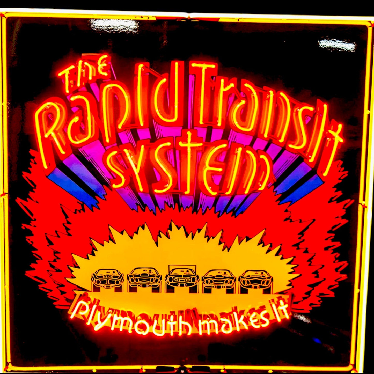 The Rapid Transit System (RTS) Real Neon Sign - Large, Glass, & Porcelain Enamel - Retro Vintage Plymouth Makes It Dealership Advertising Display