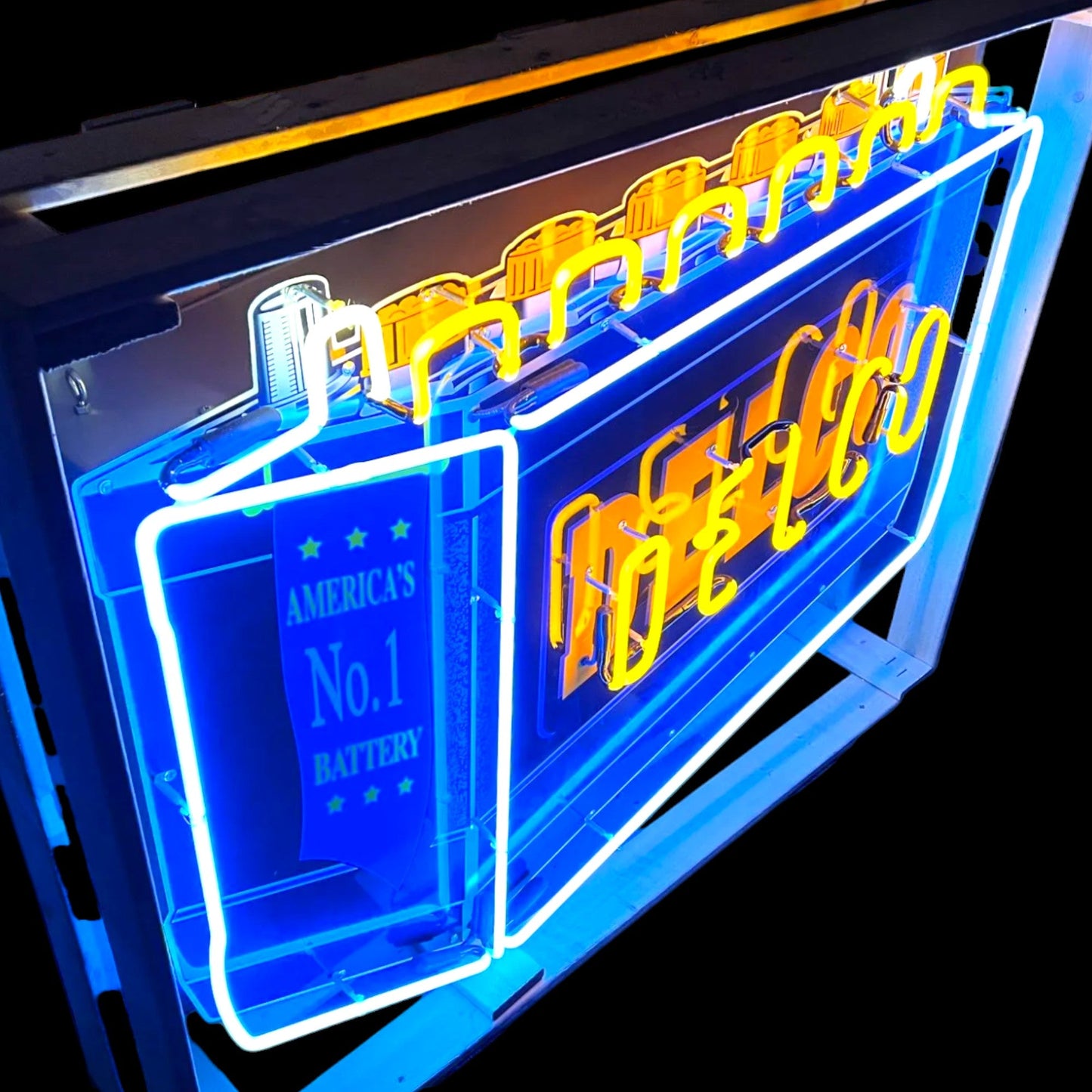 Delco Battery Real Neon Sign - Vintage, Die Cut, Glass, Porcelain Enamel, Custom Steel Can