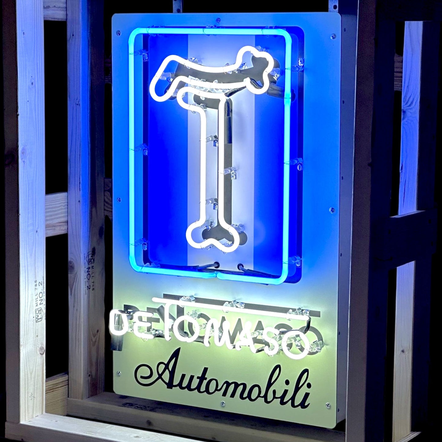 De Tomaso Automobili Neon Porcelain Sign - Handblown Glass, Enamel, Metal Steel Can - Premium Vintage Automotive
