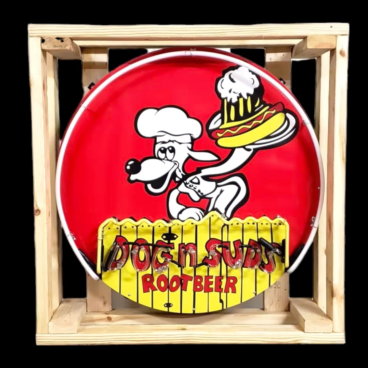 Dog N Suds Root Beer - Glass Neon Porcelain Sign with Metal Can - Retro & Vintage Reproduction