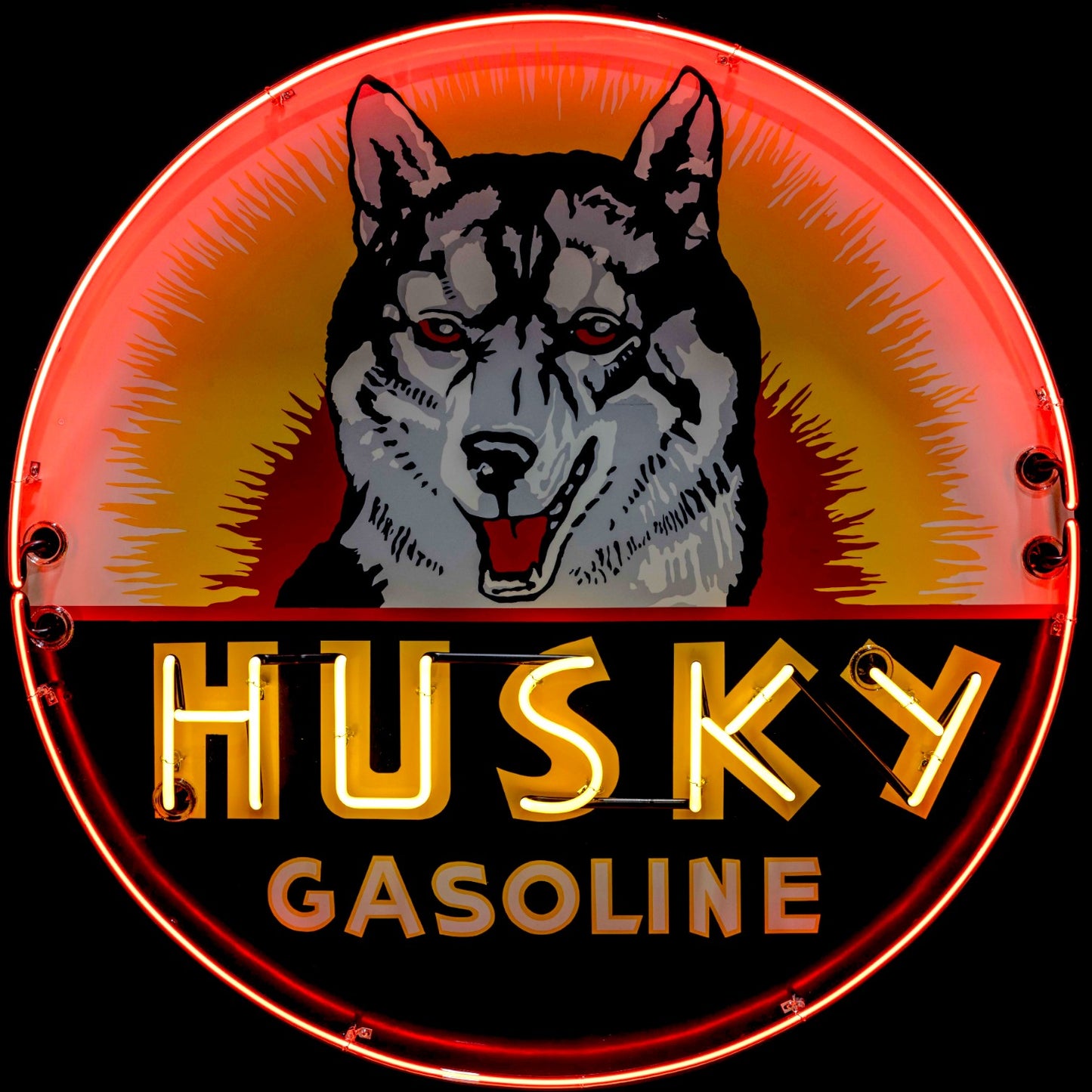 Husky Gasoline Vintage Glass Neon Porcelain with Steel Can