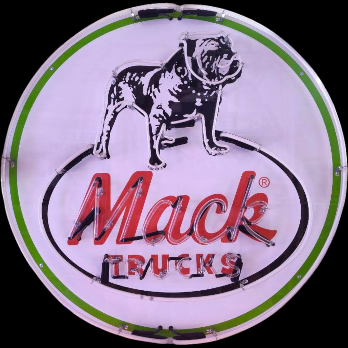 Mack Trucks logo with a bulldog on a round sign