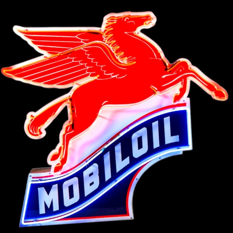 Large Mobiloil Neon Sign - Flying Horse Winged Pegasus, Real Glass, Porcelain, Right-Facing, Die Cut Steel Can - Vintage Gas Station Advertising Monument