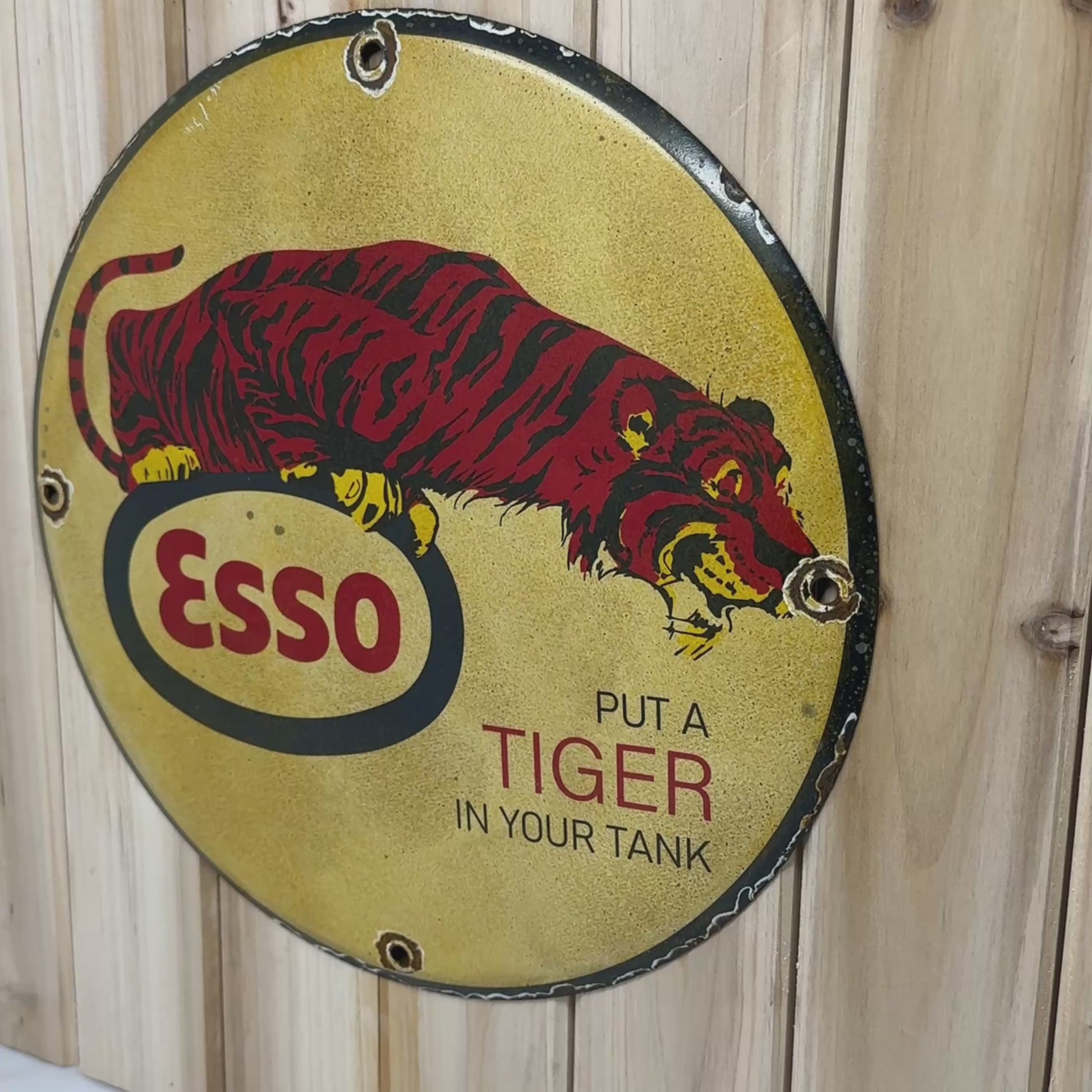 Vintage Esso Gasoline Exxon Tiger in your tank porcelain enamel sign on sale
