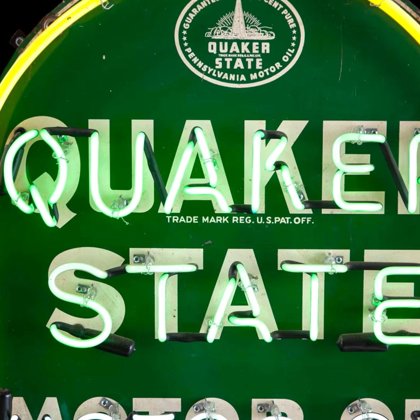 Quaker State Motor Oil Glass Neon Sign - Vintage Gas Station Advertising - Large, Porcelain, Steel Can
