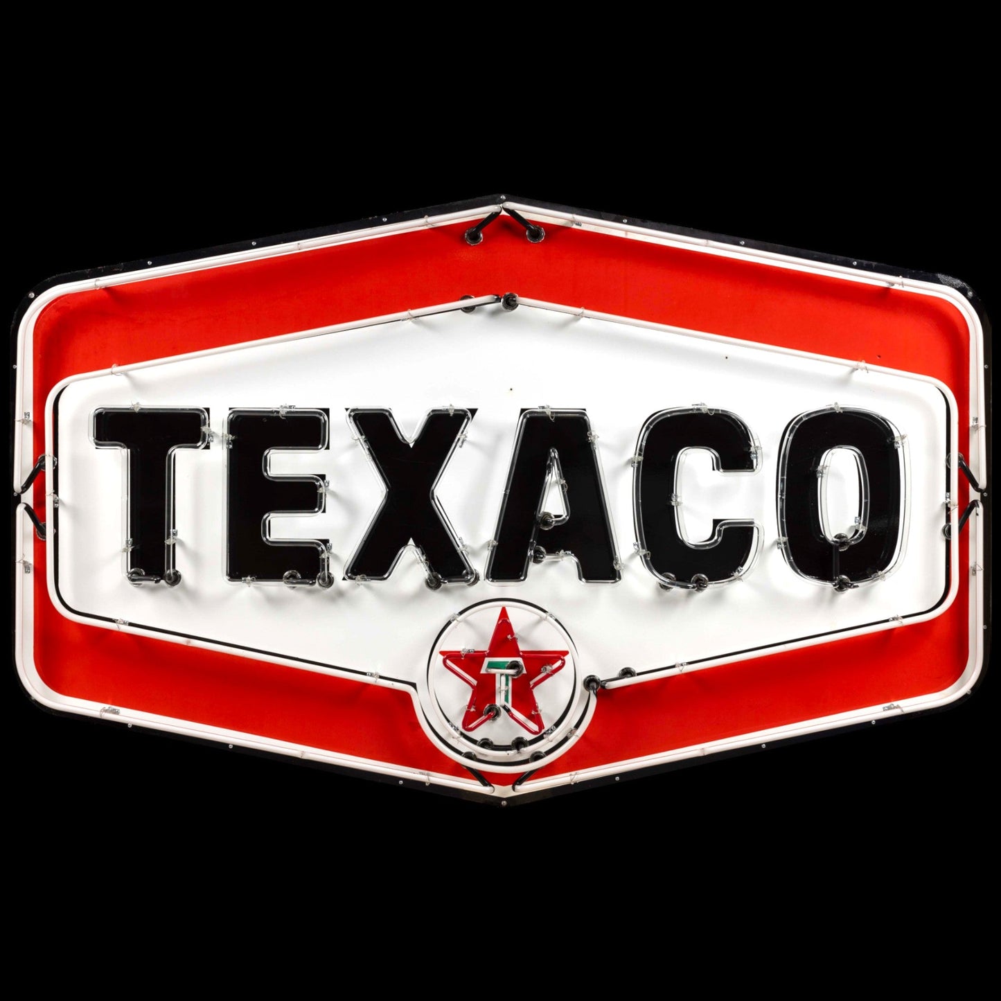 Texaco Gasoline Neon Shield Sign - Real Glass, Porcelain, Die Cut Metal Can - Vintage Gas Station Lighted Signs