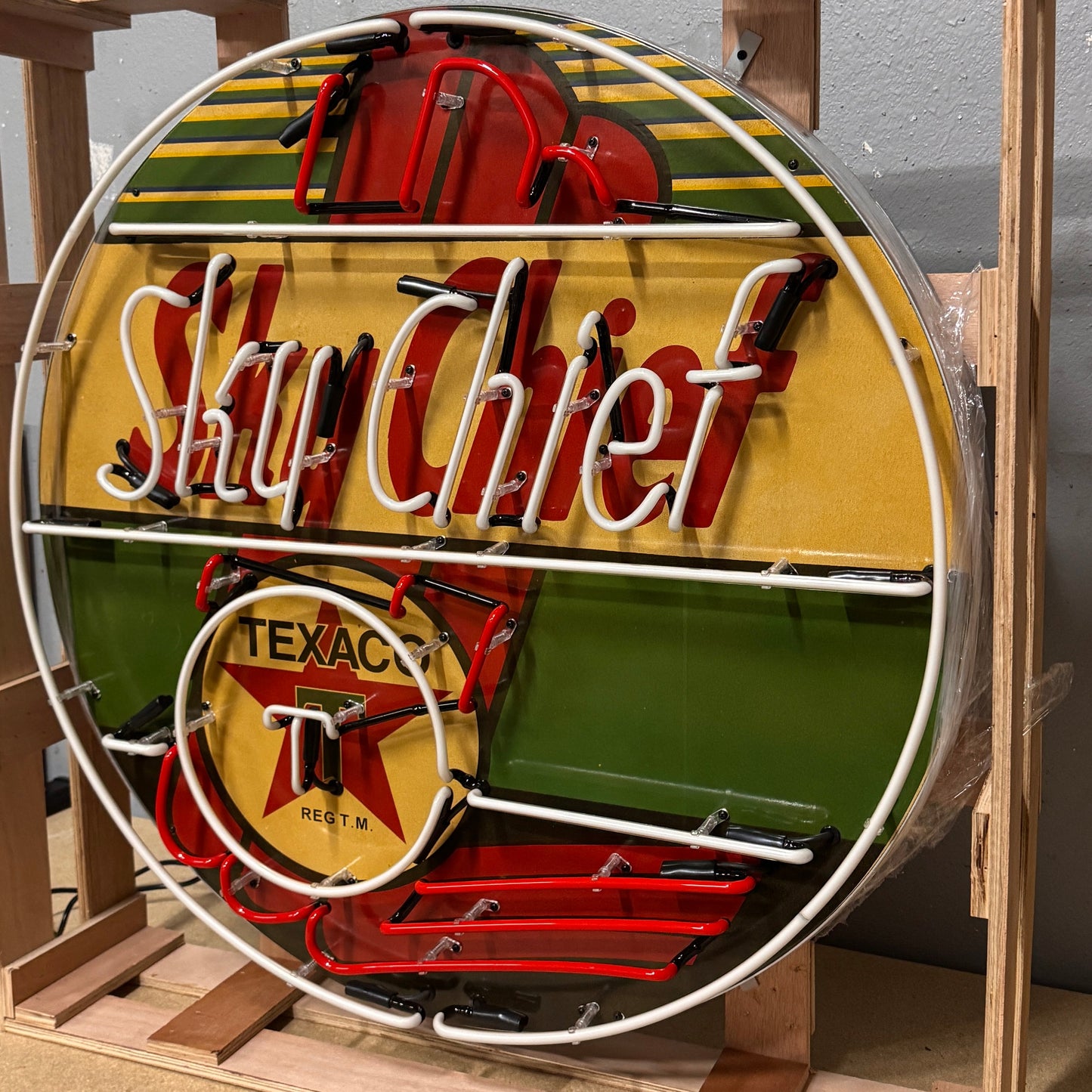 Texaco Sky Chief Gasoline Glass Neon Can with Porcelain Enamel