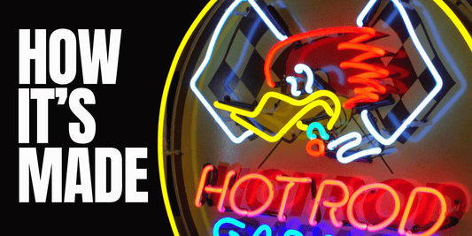 Bold, capital letters displaying how its made in reference to handblown glass neon porcelain signs at Porcelain AdvertisingClose up of genuine glass neon tubes glowing with mr. horsepower Hot Rod garage mascot