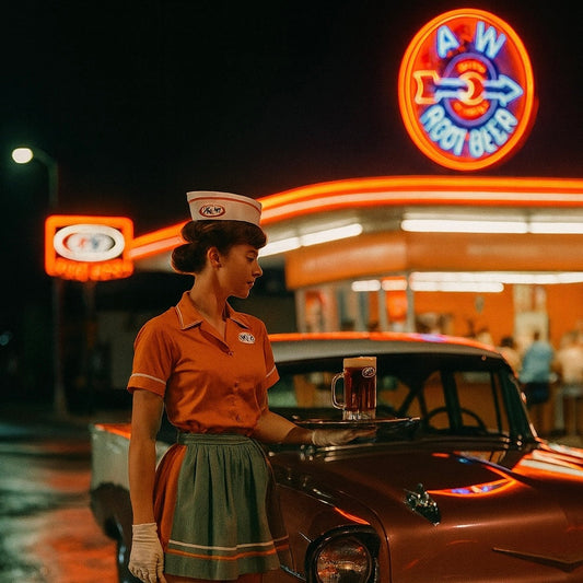 1950s A&W carhop waitress in vintage uniform serving a frosty mug of root beer beside a classic car, with neon A&W Root Beer signage glowing at a retro drive-in at night.