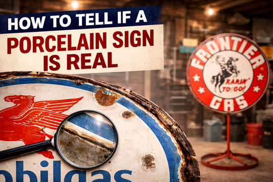 Authentic vintage porcelain enamel sign close-up showing steel edge wear and enamel depth compared to reproduction in background