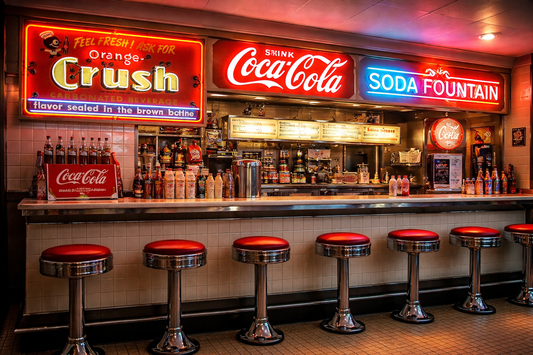 Highly realistic 1950s soda fountain interior with glowing Coca-Cola and Orange Crush neon signs, chrome counter, red vinyl stools, and authentic mid-century 