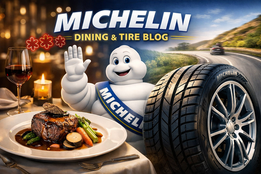 Michelin Man standing between fine dining plate and Michelin tire, illustrating the connection between Michelin tires and Michelin dining ratings.