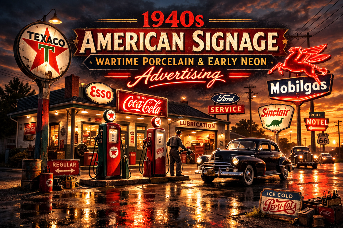 1940s American Signage: Wartime Porcelain & Early Neon Advertising