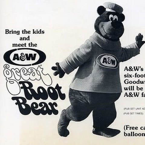 Vintage-style A&W Root Beer sign featuring Rooty the Great Root Bear in a retro newspaper clipping layout with classic branding and cartoon mascot.
