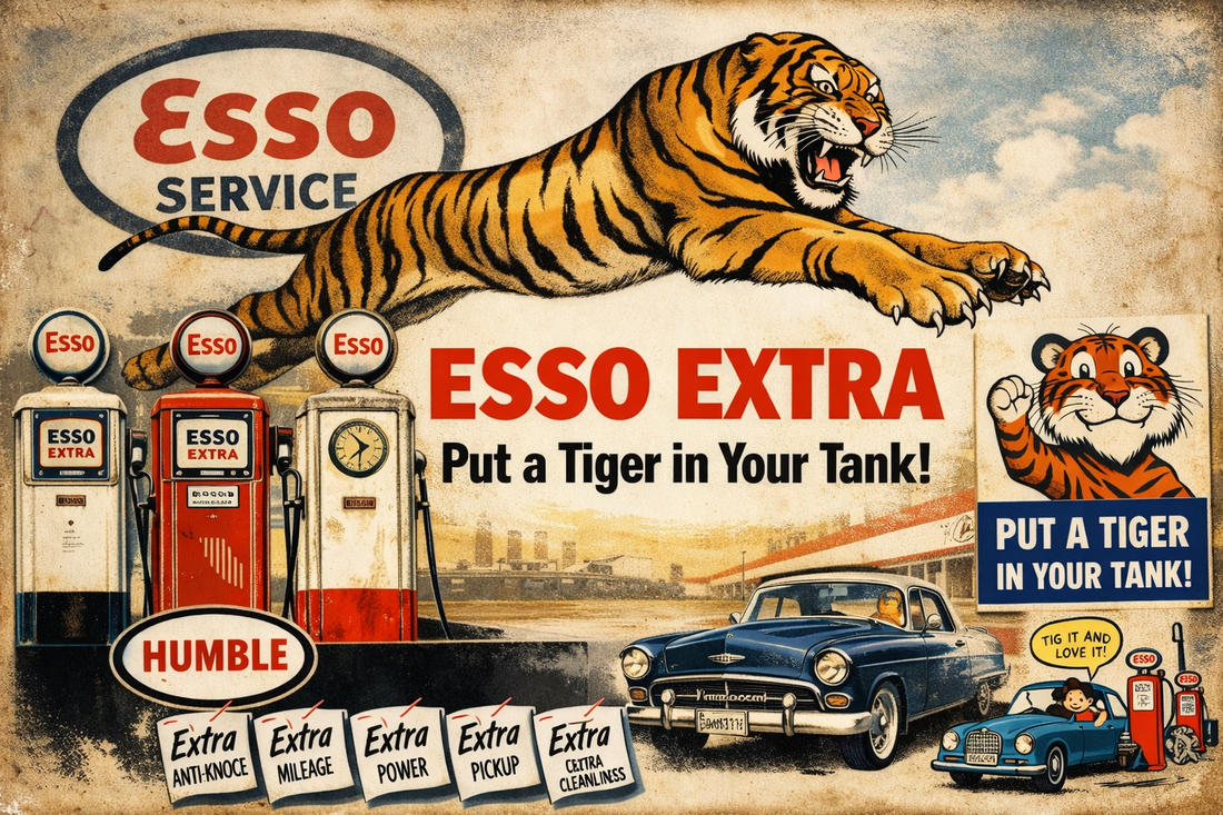 Mid-century Esso service station advertising featuring the iconic “Put a Tiger in Your Tank” campaign, with Esso Extra gas pumps, vintage automobiles, and classic Esso Tiger artwork from 1950s–1960s American gasoline marketing.