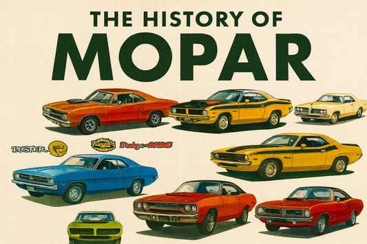 Vintage-style banner featuring illustrated classic Mopar muscle cars—including Barracuda, Charger, Duster, GTX, and ’Cuda—arranged under the title ‘The History of Mopar