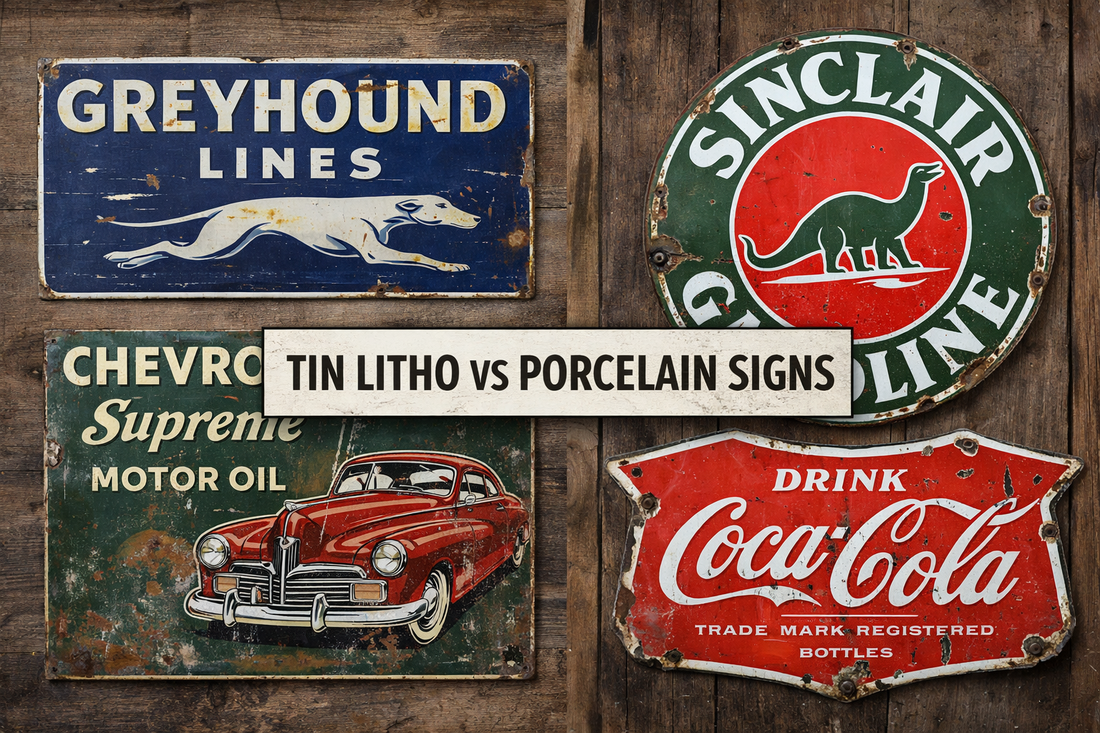 Vintage tin litho signs and porcelain enamel signs displayed side by side, showing differences in surface finish, aging, and construction.