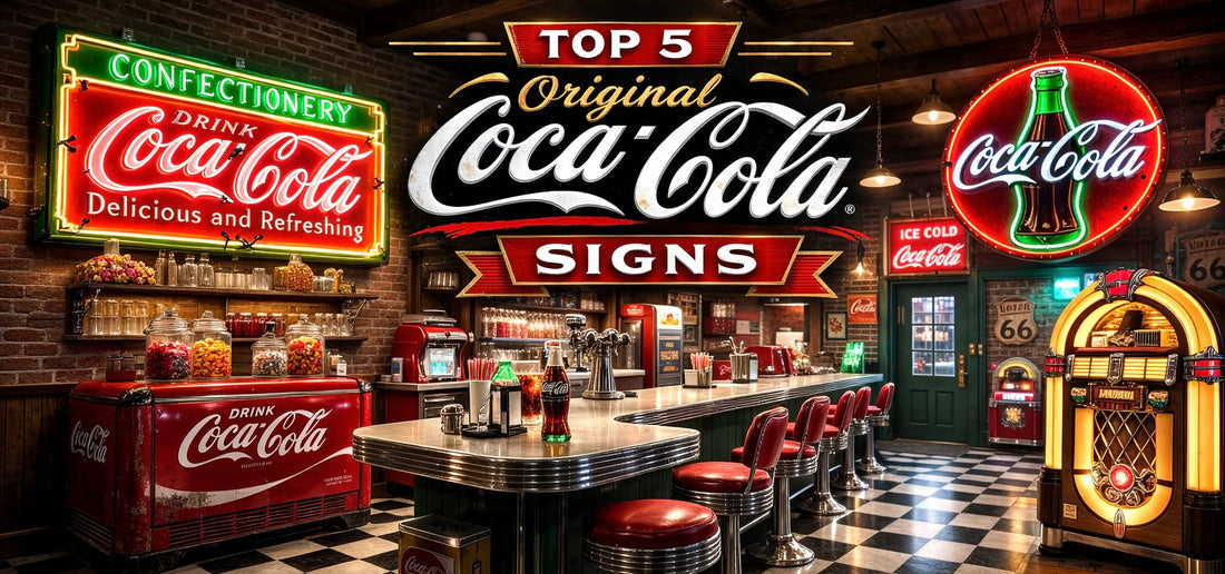 Mid-century American soda fountain interior with glowing Coca-Cola neon and porcelain signs, chrome counter stools, and vintage collectibles.