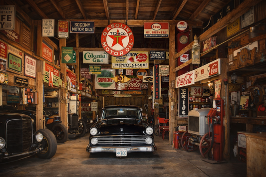 Classic car garage interior featuring vintage signage, workshop tools, and nostalgic décor