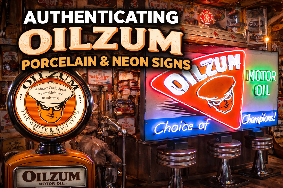 Authenticating Oilzum porcelain and neon signs displayed in a vintage garage setting with a classic Oilzum gas pump globe and glowing motor oil neon sign.