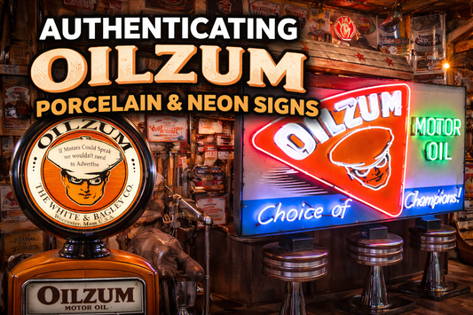 Authenticating Oilzum porcelain and neon signs displayed in a vintage garage setting with a classic Oilzum gas pump globe and glowing motor oil neon sign.