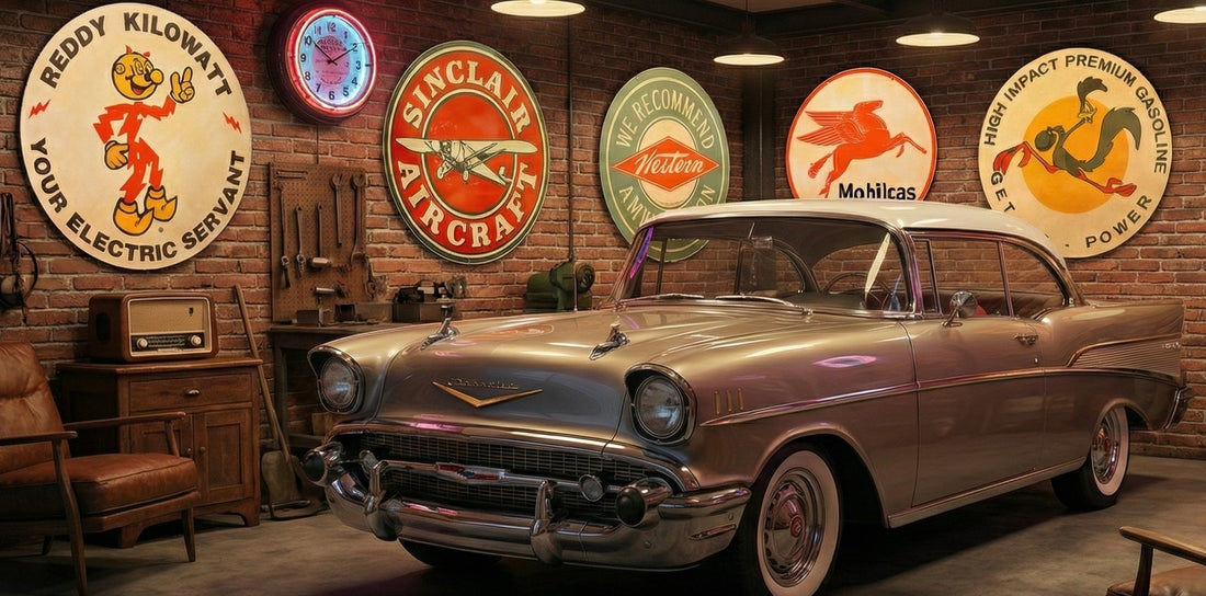 A retro garage man cave featuring a classic 1957 Chevrolet Bel Air parked in front of a brick wall covered in vintage porcelain gas and oil signs, including Sinclair Aircraft, Mobilgas Pegasus, Texaco Ethyl, and Reddy Kilowatt.