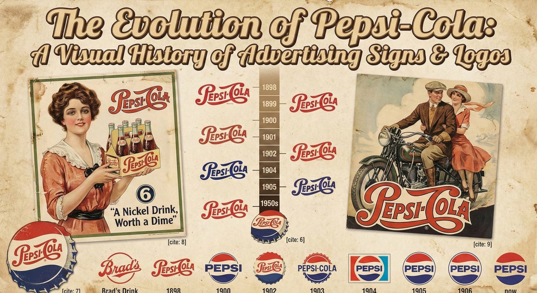 Vintage-style collage titled ‘The Evolution of Pepsi-Cola: A Visual History of Advertising Signs & Logos,’ featuring early Pepsi-Cola logos from 1898 through the 1950s, retro artwork of a woman illustration, and a progression of Pepsi bottle-cap 