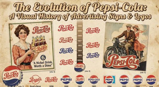 Vintage-style collage titled ‘The Evolution of Pepsi-Cola: A Visual History of Advertising Signs & Logos,’ featuring early Pepsi-Cola logos from 1898 through the 1950s, retro artwork of a woman illustration, and a progression of Pepsi bottle-cap 