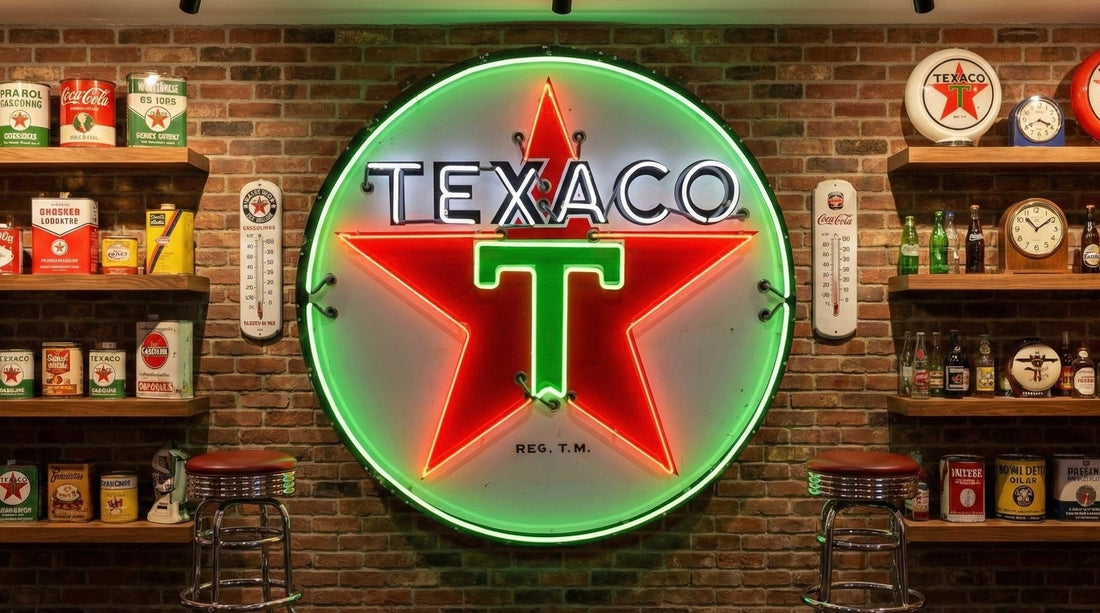  Huge handmade neon Texaco gasoline neon sign with glowing red star and green T with white Texaco outlined in glass neon tubes bent by American hands