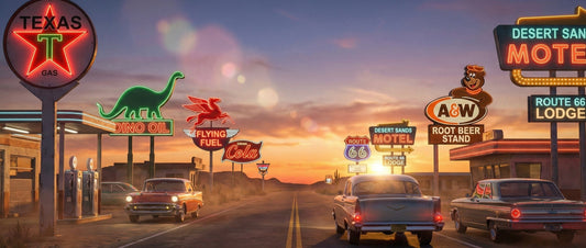 Retro 1950s-style Route 66 featuring classic neon roadside signs inspired by vintage Americana, including a red star gas sign, green dinosaur oil sign, flying red horse fuel sign, cola marquee, A&W root beer stand, and motel signage. 