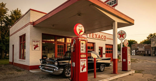 Vintage Texaco Fire-Chief gasoline station at sunset with classic red pumps and a black ’57 Chevrolet parked under the canopy. Nostalgic small-town Americana scene featuring Texaco branding, Fire-Chief globes, and a restored service-station facade.