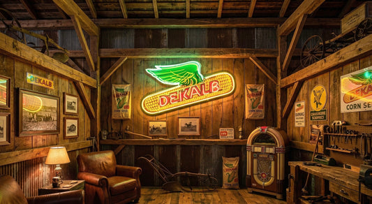 Vintage barn workshop decorated with classic Dekalb Corn Seed advertising, featuring a glowing neon Dekalb winged-ear sign on a wood wall, antique farm tools, seed bags